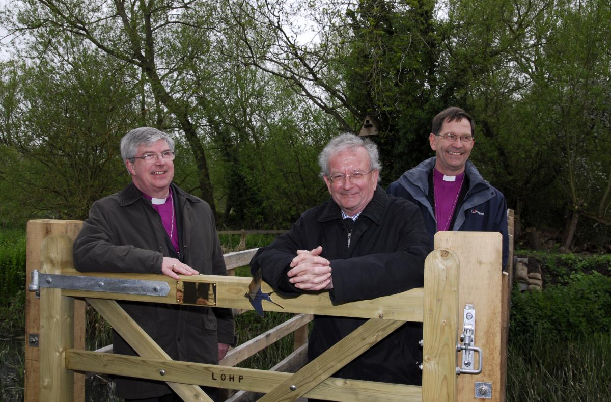 Bob Hayward (centre) with the Bishops of Norwich and Bury St Edmunds at the opening of 'Bob's Bridge'